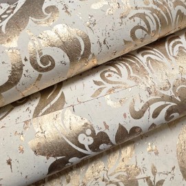 Carl Robinson Ivory beige cream gold metallic natural cork textured Victorian damask Wallpaper - Sample 8.5'' x 11''