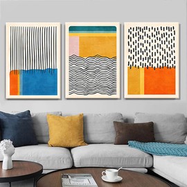 AKWISH Midcentury Modern Framed Wall Art for Living Room Set of 3 Mid Century Modern Abstract Canvas Painting Print Boho Color Blocks Home Decor Colorful Minimalist Pictures for Bedroom 12"x16"x3