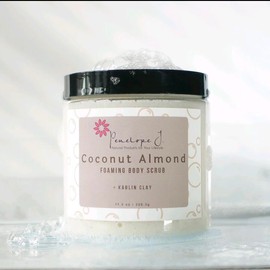 Penelope J LLC Coconut Almond Foaming Body Scrub + Kaolin Clay, Softening Exfoliant, Moisturizing, 11.3oz Jar, Paraben-Free, Body Care Blend