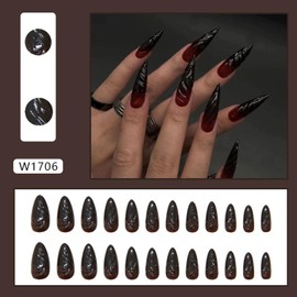 Vopintpy 3D Lines Gradient Press on Nails Long Almond Glossy Fake Nails Artificial Acrylic Glue on Nails Reusable Full Cover Stick on Nails for Women DIY Charm Manicure