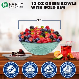 PARTY BARGAINS 12 oz Plastic Bowls, Transparent Green, Gold Rim, 10 Pack