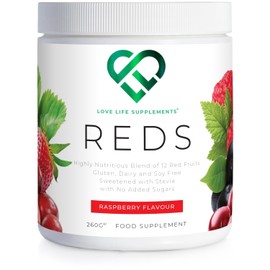 Reds (Red Fruit Drink) - 260g Tub / 30 Servings - Natural Raspberry Flavour with Stevia - Manufactured in the UK - Love Life Supplements - "Live Healthy, Love Life."