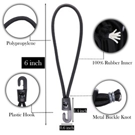 LOOGI Bungee Cords with Hooks 25 Pcs 6 Inch Elastic Bungee Ropes with Hooks - Short Tarpaulin Hooks - Small Bungee Rope (Black)