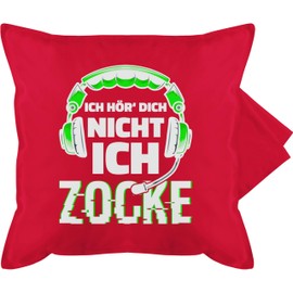 Cushion Cover – Decorative Cushion Hobby – Ich hördich nicht ich zocke Headset Glitch White Green – 50 x 50 cm – Red – Gamer Cushion Cover Gift for Gamer Gaming