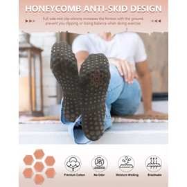 yeuG Non Slip Pilates Socks with Grips for Women, Grip Socks for Yoga Ballet Barefoot Workout Anti Skid Athletic Socks, A01-dark Grey/Beige/Army Green/White, Small-Medium