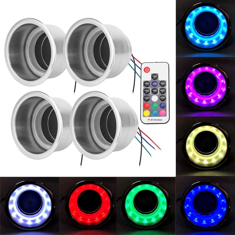 LED Cup Holder, 4Pcs DC 12V RGB Stainless Steel Beverage