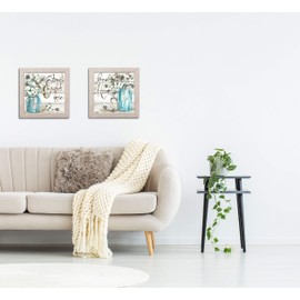 Beautiful Watercolor-Style Family Gathers Here and Forever Home Mason Jar Floral Set by TRE Sorelle Studios; Two 12x12in Distressed Framed Prints