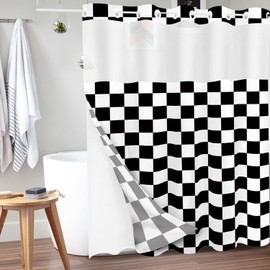 Tititex No Hooks Snap in Liner White Black Checkerboard Shower Curtain Sets, Hotel Luxury Grid Double Layers Waterproof Fabric & See-Through Top Window Bathroom Decorative 72x72 Inch
