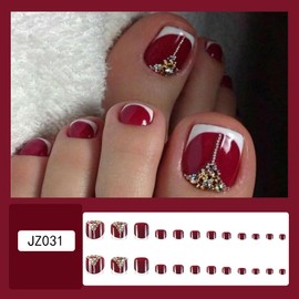 Wine Red Press on Short Square Fake Toenails With Rhinestone Design - Acrylic Glue on French Tip Full Cover False Toe Nails - Glossy Stick on for Women Manicure Decor - 24Pcs