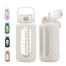 chunmo 74 oz Glass Water Bolttles with Straw Large Motivational Water Bottle with Time Marker Sports Water Bottles with Silicone Sleeve and Handle Lid 2.2L Water Jug for Gym Workout