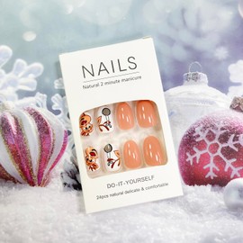 Christmas Press on Nails Medium Fake Nails Round Head Almond Glue on Nails Full Cover False Nails with Cute Elk Designs Xmas Acrylic Nails Glossy Artificial Stick on Nails for Women and Girls