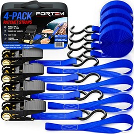 FORTEM Ratchet Straps, 4X 15ft Tie Down Strap Set, 4X Soft Loops, Motorcycle Straps Tie Downs, Cargo Straps for Trucks, 1500lb Break Strength, Rubber Handles, Coated Metal Hooks, Carrying Bag (Blue)