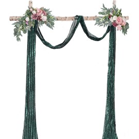 FLCSIed Wedding Arch Draping Fabric, 1 Panel 12" x20ft Gold Sequin Fabric Drapes Arbor Backdrop Curtain for Wedding Arch Ceremony Bridal Shower Reception (Dark Green)