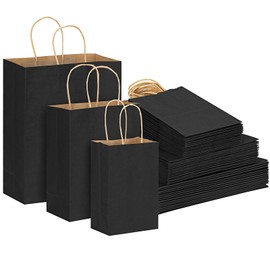 TOMNK 120pcs Black Paper Bags with Handles Mixed Size Bulk Kraft Paper Gift Bags for Business, Shopping, Retail, Merchandise Bags
