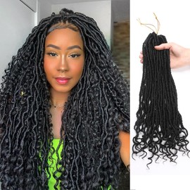 FANCEE 16 Inch Goddess Locs Crochet Hair with Curly Ends Pre-Looped Knotless Faux Locs for Black Women 8 Packs 96 Strands Black Pre-Twisted Soft Locs Synthetic Dreadlock Extensions(1B)
