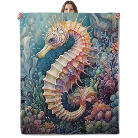 Lugiu Colorful Seahorse Blanket, Lightweight Comfy Fantasy Marine Life Blankets for Couch Sofa Bedroom, Soft Plush Travel Flannel Throw Blanket Gifts for Adults Kids Women, Home Decor 60×50in
