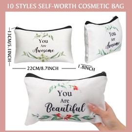 10 Pieces Inspirational Canvas Cosmetic Bag for Women, You are Amazing You are Loved You are Enough Beautiful Gifts Green Leaves Makeup Bags Affirmation Gifts for Girlfriend Teacher Graduates