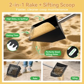 2-in-1 Chicken Poop Scooper for Sand, Heavy Duty Chicken Scooper for Poop with 35 to 65" Stainless Steel Handle, Chicken Coop Scooper Rake, Litter Scooper Sand Sifting Shovel for Chicken Coops & Pet