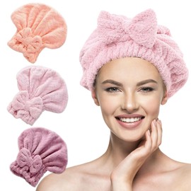DKDDSSS 3 Pack Microfiber Hair Drying Towels, Hair Drying Cap, With Bow-Knot Shower Cap, Super Absorbent, Rapid Drying Beach Bath Salon Cap Towel Turban for Wet Hair, Curly, Long&Thick Hair