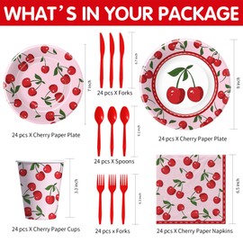 Suhelkit Cherry Birthday Decorations Tableware - Disposable Cherry Party Supplies, Plate, Napkin, Cup, Cutlery, Fruit Cherry Theme Birthday Baby Shower Table Decorations Fit 24 Guests