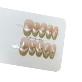 Short/Medium Oval Nails Handmade Glitter Press on Nails with Designs, Cat Eye/Aurora Women Reusable False Nails (Star Guava#Small)