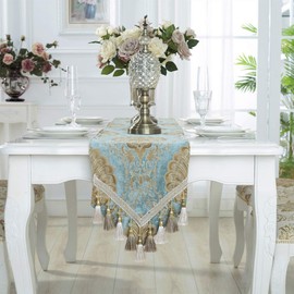 Bettery Home Embroidery Luxury Table Runner Jacquard Fabric Table Runner with Multi-Tassels for Dining Room Dresser Wedding Party Decorations, 13" x 70", Blue