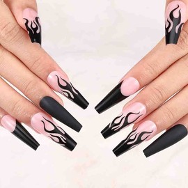 Outyua Coffin Press on Nails Matte Extra Long False Nail Ballerina Designer Fake Nails Acrylic Full Cover Nails for Women and Girls 24pcs (Fire Black)