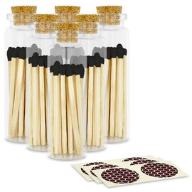 2" Bold Black Tip Safety Matches | 6 Glass Bottles Each with Cork Top, Striker & 20 Matchsticks by Thankful Greetings (120+ Total) | Decorative Unique & Fun Artisan Set for Your Home, Gifts, & Events