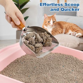 Cat Litter Scoop with Hook, Heavy Duty and Speed Sifter 304 Stainless Steel Sifter with Deep Shovel, Durable Kitty Metal Scooper for Litter Box Kitten Pooper Lifter with 2 Different Width Sifter