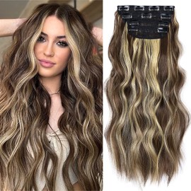 Clip in Synthetic Hair Extensions Long Wavy 4PCS Thick Hairpieces Blonde Highlighted Medium Brown Fiber Double Weft Natural Hair Extensions 20 Inch for Women (4pcs, 20Inch, 86H10#)