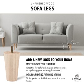 6 inch Unfinished Ash Wood Furniture Legs, LAVANE Set of 4 Mid-Century Modern Tapered Wooden Replacement Feet with Pre-Drilled 5/16 Inch Bolt & Mounting Plate for Sofa Couch Bed Armchair Ottoman