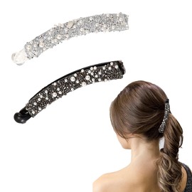 UEIOAVL Hair Clips, 2 Pieces Banana Clips Banana Hair Clips with Rhinestone Beads Vintage Fishtail Hair Clips Crushed Diamond Beads Ponytail Clips (Black, White)