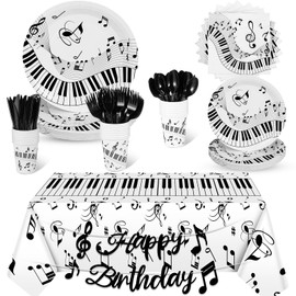 Tioncy 171 Pieces Musical Party Supplies Disposable Musical Notes Tableware Set Serves 24 with Plates Napkins Cups Banner Plastic Musical Tablecloths for Music Themed Birthday Party Decorations