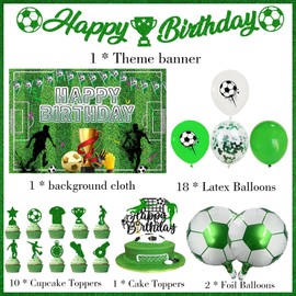 Football Birthday Party Decorations Green - 33 Pcs Soccer Party Decoration Including Happy Birthday Banner Background Latex Balloons Cupcake Toppers for 10th 11th 13th 18th Boys Girls Supplies