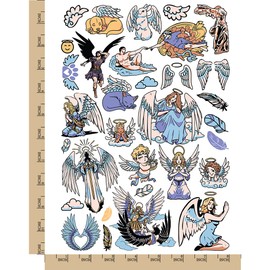 Angel Wings Feathers Cherubs Religious Temporary Tattoo Water Resistant Fake Body Art Set Collection - Color (One Sheet)