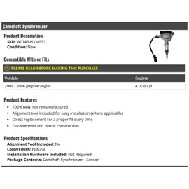 Marketplace Auto Parts W0143-H338997 Camshaft Sensor - Compatible with 2005-2006 Jeep Wrangler 4.0L 6-Cylinder - Direct Replacement - 100% New - Steel, Plastic Construction - Automotive Use