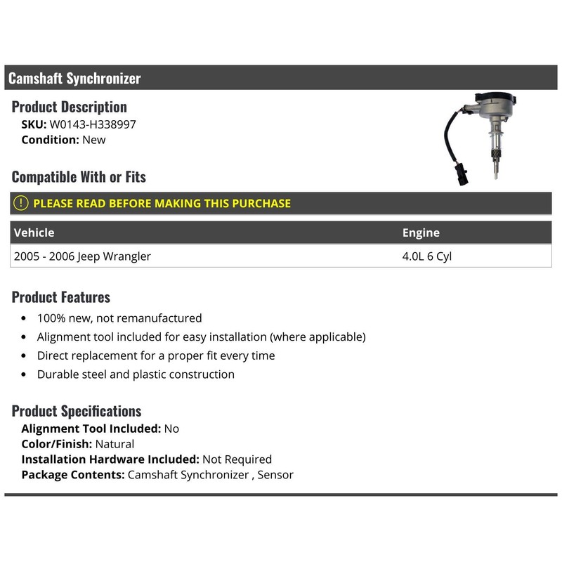 Marketplace Auto Parts W0143-H338997 Camshaft Sensor - Compatible with 2005-2006