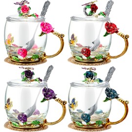Nuanchu 4 Sets Flower Tea Cups with Lids Butterfly Vintage Glass Coffee Mugs with Spoon Fancy Tea Cups Clear Flower Teacup Christmas Thanksgiving Mother's Day Mom Wife Girlfriend Gift(11 Oz)