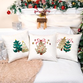 LUBOT 2024 New Embroidered Christmas Pillow Covers 18x18 Set of 4, Throw Pillow Covers Winter Xmas Tree Pillow Cover Holiday Decorative Vintage White Velvet Pillow Case for Home Sofa Couch