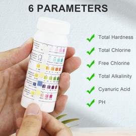 Pack of 3 PH Test Strips Pool, 6 in 1 Spa Test Strips Whirlpools, Water Test Kit with 1 Piece Test Tube for Total Alkalinity, Cyanuric Acid and Total Hardness