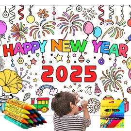 New Year's Eve Decoration Colouring Tablecloth Children - Happy New Year 2025 New Year's Eve Tablecloth, 183 x 76 cm, Waterproof Tablecloth for Colouring Children with 24 Colouring Pencils for New