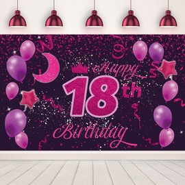Pink Purple Happy 18th Birthday Backdrop Banner Happy 18 Years Old Birthday Party Supplies 18 Birthday Party Decorations for Girls