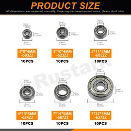 Rustark 60Pcs 6 Sizes Carbon Steel Ball Bearing Deep Groove Ball Bearing Double Shielded Bearings for Furniture Wheels Skateboards Scooters