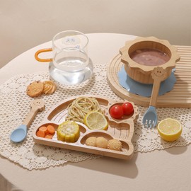 Bamboo Suction Plates Bowls Set for Baby Toddler - Includes Bamboo Bowl, Divided Plate, Silicone Fork & Spoon, All-Natural Baby Feeding Set for Baby-Led Weaning