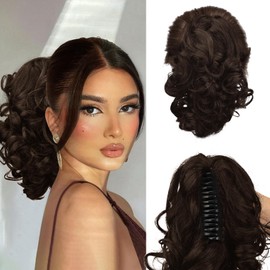 RICH BRIA Ponytail Extensions Real Human Hair Claw Clip in Pony Tails for Women Curly Ponytails Hair Extension 10 inch Medium Brown mix Dark Blonde