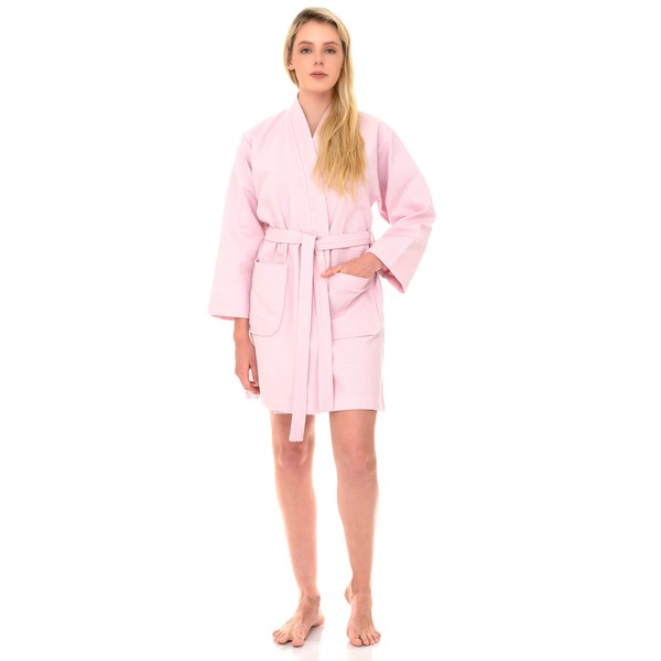 TowelSelections Bata corta de spa para mujer, estilo kimono, tela gofre, XS-3X, Rosa Bailarina, XS