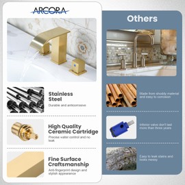 Brushed Gold Waterfall Bathroom Faucet: ARCORA 8 Inch Widespread Bathroom Faucets for Sinks 3 Hole, Modern 2 Handles Bathroom Sink Faucet with Pon Up Drain and cUPC Supply Lines