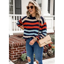 KIRUNDO Women's 2024 Fall Winter Striped Color Block Short Sweater Long Sleeve Crew Neck Casual Loose Knit Pullover Tops(Medium, 2004-Rainbow)