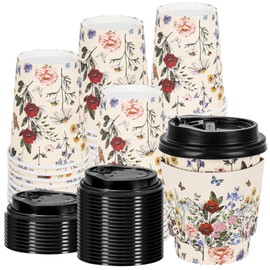 JarThenaAMCS 50 Sets Vintage Floral Coffee Cups with Lids and Sleeves 8oz Wildflower Paper Cups Flower Disposable To Go Coffee Cup for Cafes Shops Cappuccino Chocolate Beverage