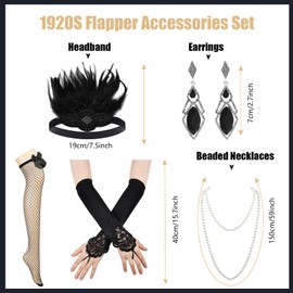 iHUFeather Women 1920s Flapper Set with Feather Headband Necklace Earrings Gloves for Great Gatsby Vintage Wedding Costume Accessories